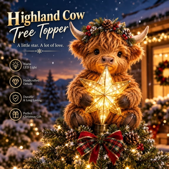 Christmas Baby Highland Cow Glowing Star Tree Topper, Lighted Christmas Decor with Warm Glow, Cute Highland Cow Decor for Festive Season