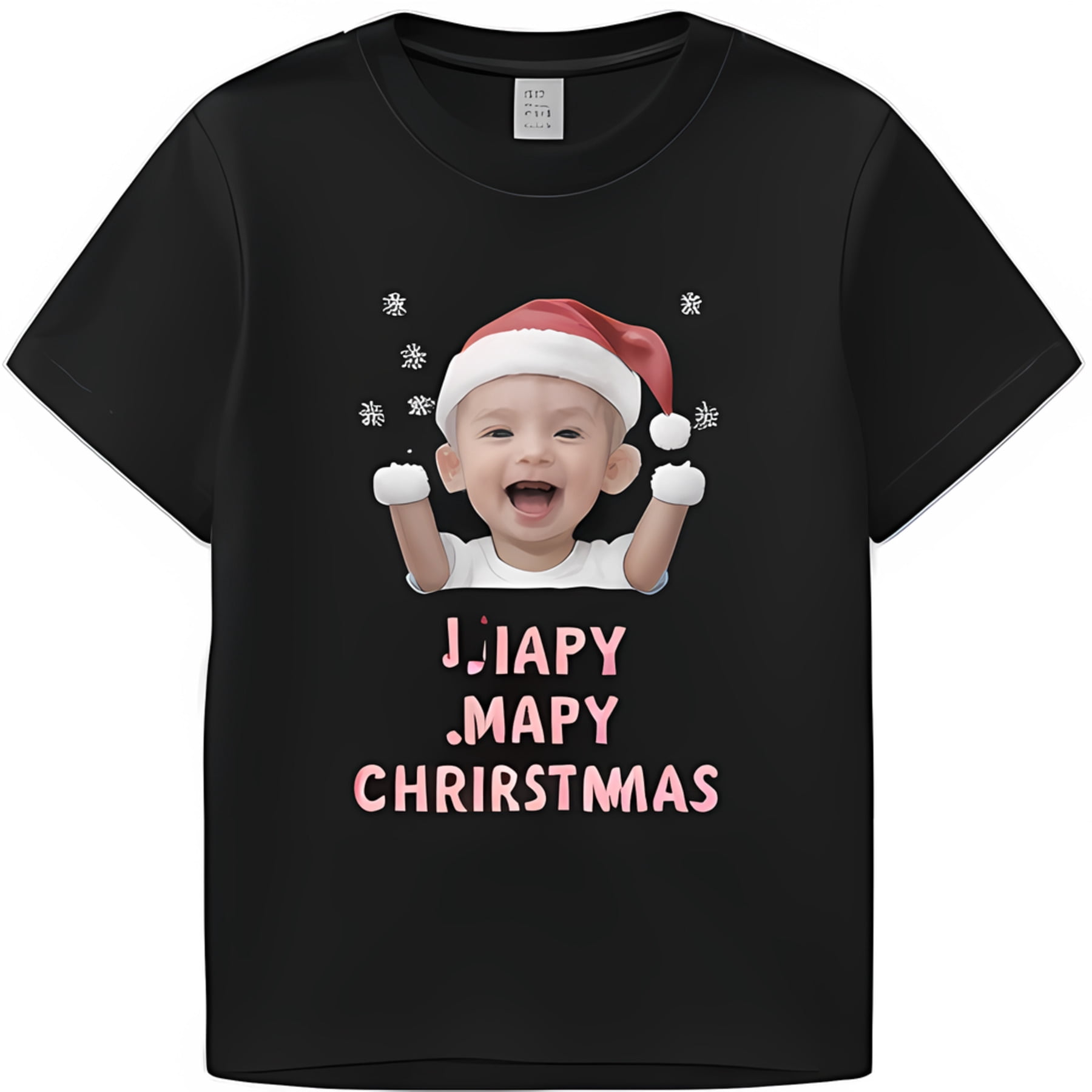 Christmas Baby Photo Tshirt with Smiling Santa Face & Snowflakes Pink