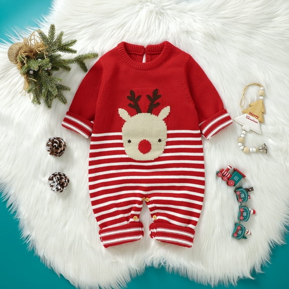 Christmas Baby Romper Knitted Newborn Boy Girl Jumpsuit Cute Cartoon Elk Infant Xmas Clothing Set Long Sleeve Winter 0-18M