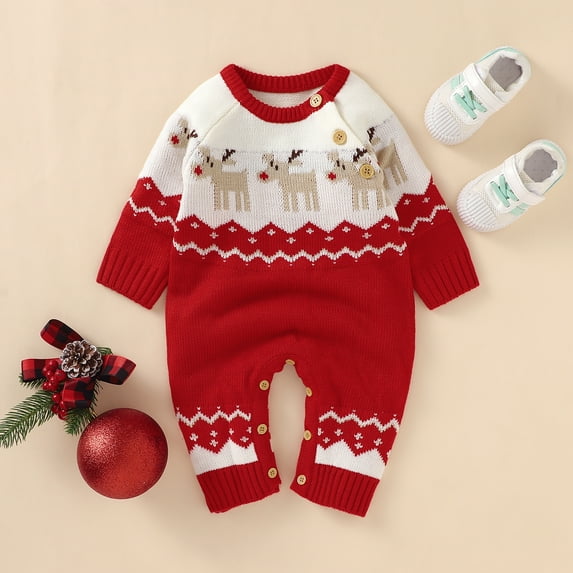 Christmas Baby Romper Knitted Newborn Girl Boy Jumpsuit Fashion Cute Cartoon Elks Infant Xmas Clothing Long Sleeve Winter Overalls 0-24M