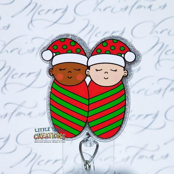 Christmas Baby Twins Badge Reel, Holiday Elf Swaddle ID Holder