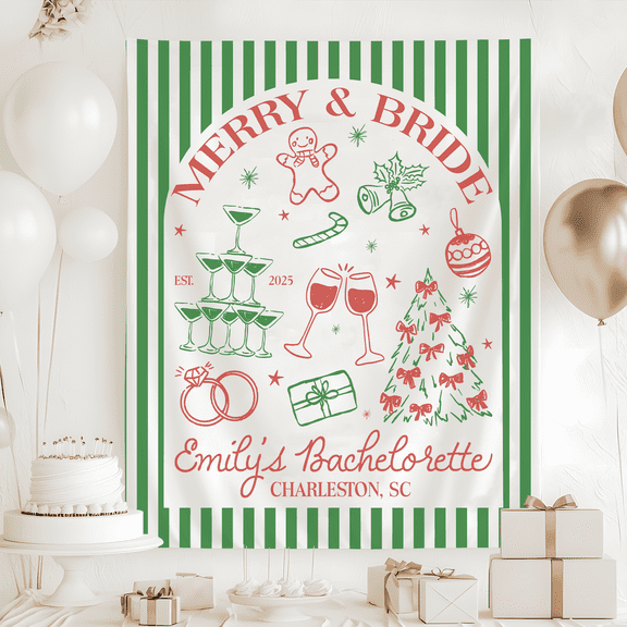 Christmas Bachelorette Party Tapestry, Merry And Bride Backdrop, Personalized Christmas Bridal Shower Banner, Christmas Themed Party Decor