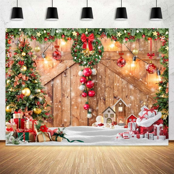 Christmas Backdrop, Christmas Barn Door Photography Backdrop, New Year Xmas Tree Snow Gift Wooden Wall Family Holiday Party Photo Background, Christmas Photo Studio Photo Booth Photographer,10X6ft