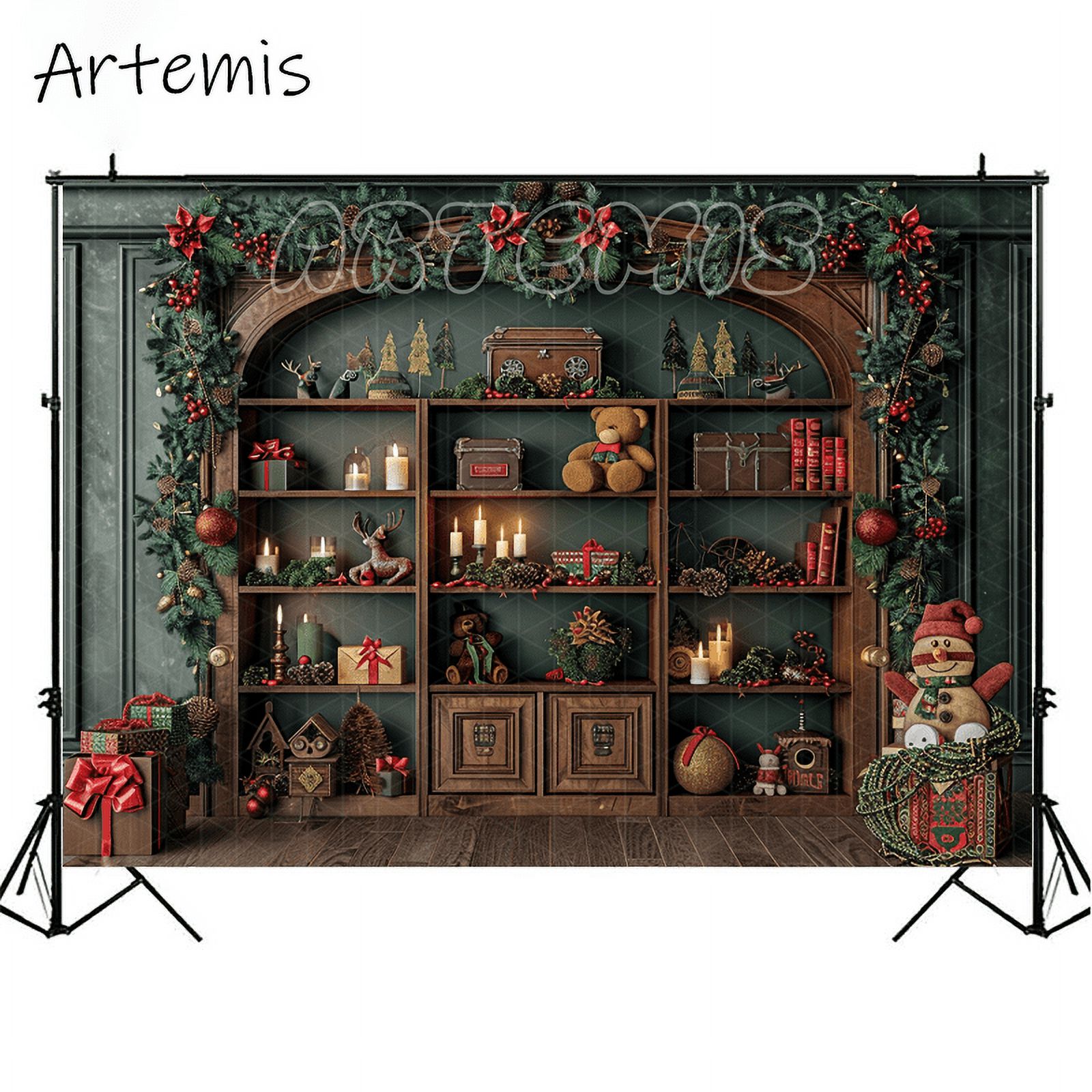 Christmas Backdrop Christmas Themed Bookshelves Toys Garlands Greenery
