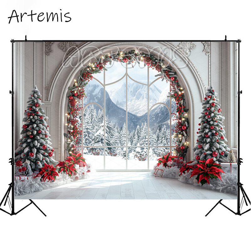 Christmas Backdrop Christmas Tree Garlands Gift White Arched Window