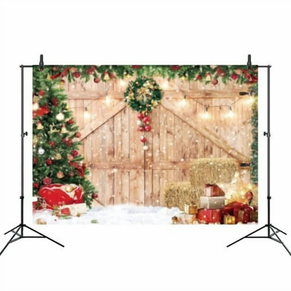 Christmas Backdrop Fabric Banner Rustic Barn Wood Door Backdrops for Photography, Xmas Tree Snow Wall Floor Party Photo Background for Family Baby Shower Decorations 56x79 in