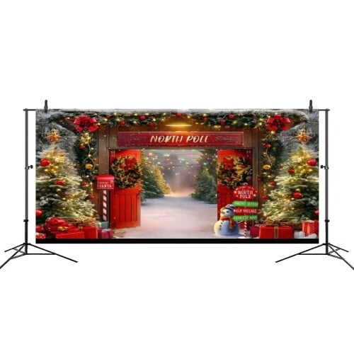 Christmas Backdrop Fabric Banner, Winter Forest Wooden Barn Door North Pole Backdrops, Snowy Xmas Tree Photography Background for Family Holiday Party Decor Photo Props 56x118 in