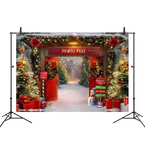 Christmas Backdrop Fabric Banner, Winter Forest Wooden Barn Door North Pole Backdrops, Snowy Xmas Tree Photography Background for Family Holiday Party Decor Photo Props 56x79 in