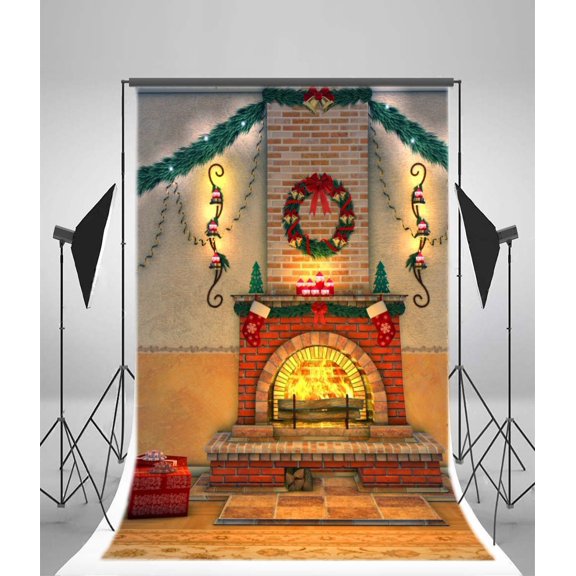 Christmas Backdrop with Fireplace 5x7ft Photography Backdrop Xmas Trees Decoration Wreath Socks Brick Wall Lamps Gifts Wooden Floor Children Baby Kids Photos Video Studio Props