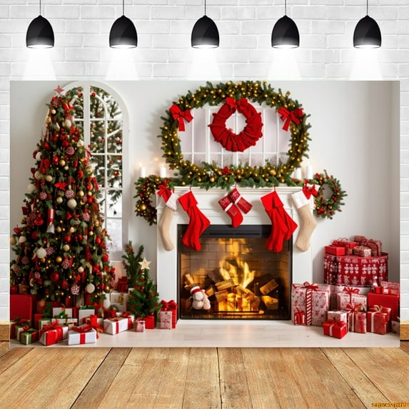 Christmas Backdrop Fireplace Xmas Tree Gifts Toys Santa Window Baby Portrait Family Party Photography Background r Banner
