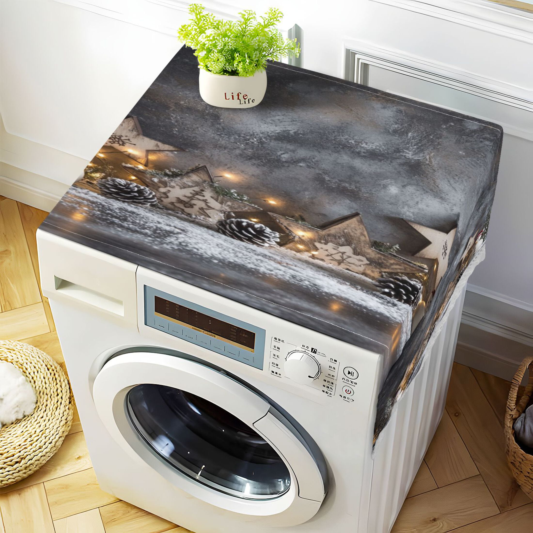 Christmas Backdrop PatternWasher and Dryer Covers Dust-Proof and Oil Resistant Fridge Cover with 4 Storage Pockets Washing Machine Top Cover for Laundry Kitchen Home 51.2 x 22 In