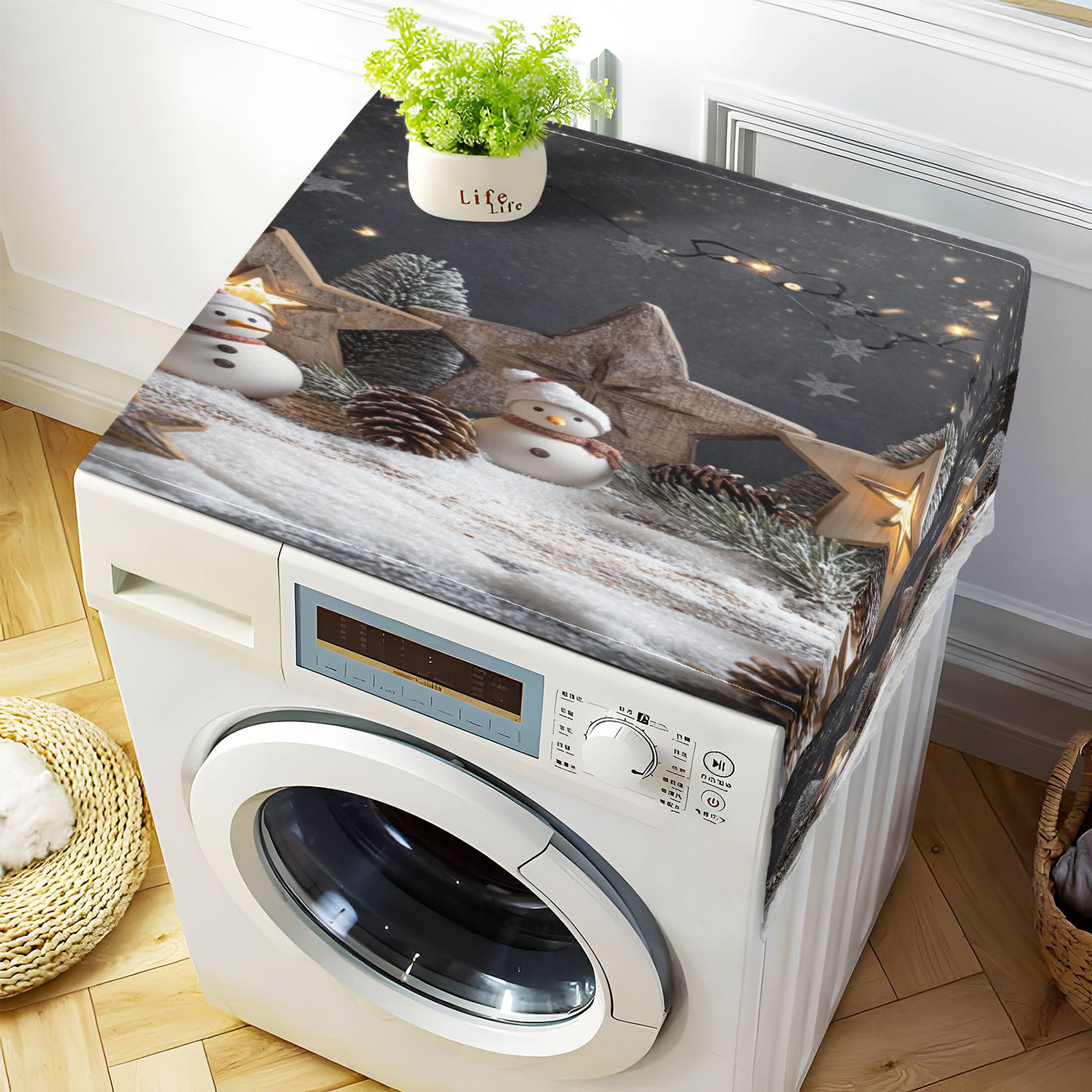 Christmas Backdrop PatternWasher and Dryer Covers Dust-Proof and Oil Resistant Fridge Cover with 4 Storage Pockets Washing Machine Top Cover for Laundry Kitchen Home 51.2 x 22 In