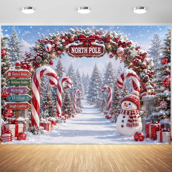 Christmas Backdrop for Photograph North Pole Candy Cane Arch Snowmen Winter Forest Photo Booth Decor Vinyl Banner Family Portrait Holiday Party Prop Kids Studio Xmas Tree Scene 7X5ft