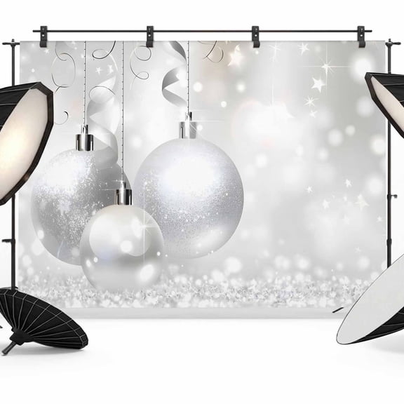 Christmas Backdrop for Photography,Fabric Photo Background Backdrop,Xmas Silver Balls Glitter Sparkle Stars Photo Booth Background for Portrait Photoshoot Video Wedding Decoration Banner 10x8ft