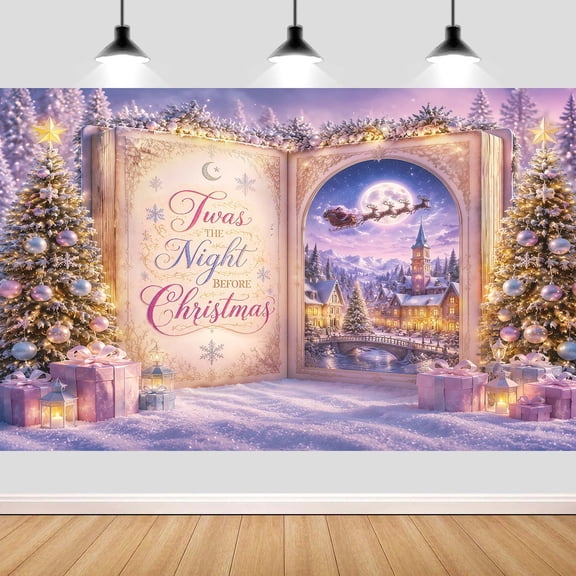 Christmas Backdrop for Photography, Magic Books Winter Village Background 10X8ft Twas The Night Before Christmas Open Book Photo Backdrop, Storybook Santa Sleigh Scene Xmas Party Studio Background