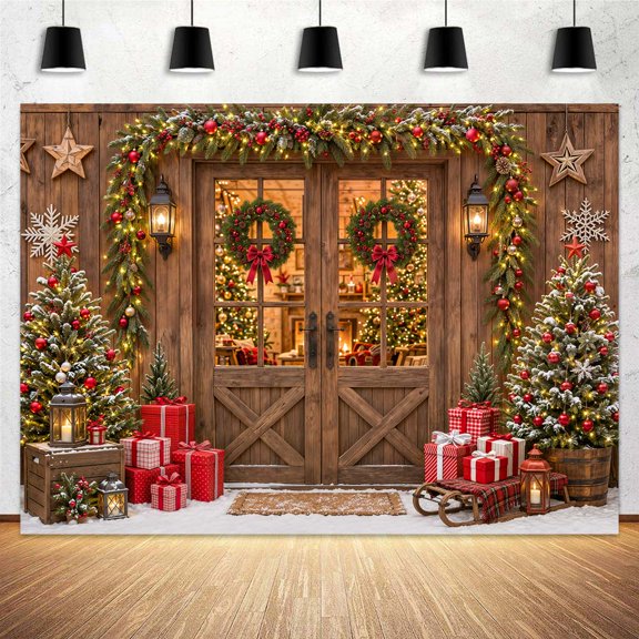 Christmas Backdrop Rustic Wood Barn Door Christmas Tree Farmhouse Wooden Door Backdrop for Kids Birthday Party Decor, Cake Table, Holiday Photo Booth Props, 5x3ft