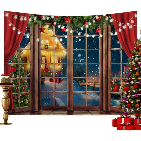 Christmas Backdrop Snowy Window Backdrop Xmas Window Night Family Photo Backdrop for Xmas Party Home Christmas Wall Decor 50"x 60"