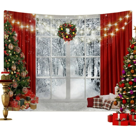 Christmas Backdrop Snowy Window Backdrop Xmas Window Night Family Photo Backdrop for Xmas Party Home Christmas Wall Decor 50"x 60"