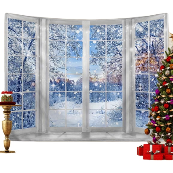 Christmas Backdrop Snowy Window Backdrop Xmas Window Night Family Photo Backdrop for Xmas Party Home Christmas Wall Decor 50"x 60"