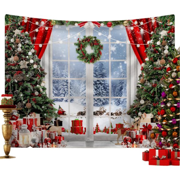 Christmas Backdrop Snowy Window Backdrop Xmas Window Night Family Photo Backdrop for Xmas Party Home Christmas Wall Decor 50"x 60"