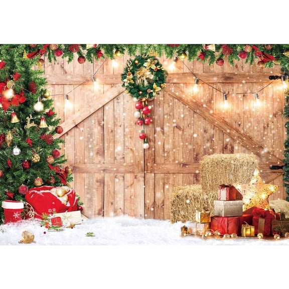Christmas Backdrop Soft Fabric Rustic Barn Door Backdrop for Photography Xmas Tree Snow Wall Floor Party Photo Background Family Banner Decorations Studio Prop Pictures(7x5ft)