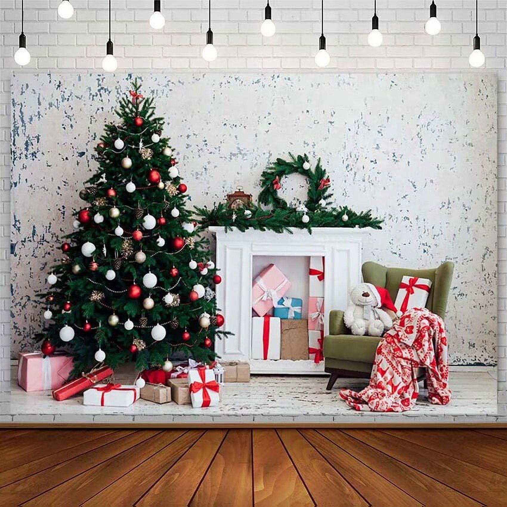 Christmas Backdrop Tree Winter Fireplace Gift White Wall Wood Floor Kid