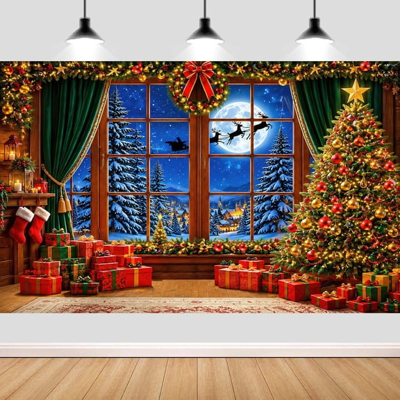 Christmas Backdrop Window Santa Sleigh Reindeer Xmas Tree Photo Background 5X3ft Vinyl Village Winter Room Xmas Family Photography Background Xmas Holiday Party Decor Banner Studio Shoots Photo Prop