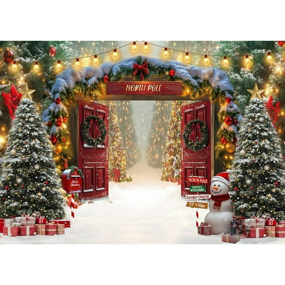 Christmas Backdrop - Winter Forest Wooden Barn Door & North Pole Snowy Xmas Tree Photography Background for Family Holiday Party Decor