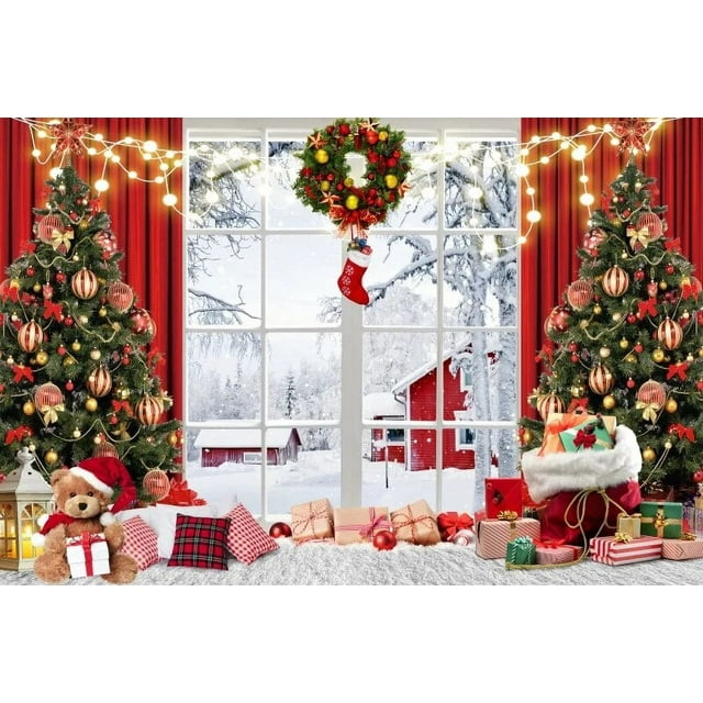 Christmas Backdrop Winter Snowscape Merry Xmas Tree Fireplace Garland ...