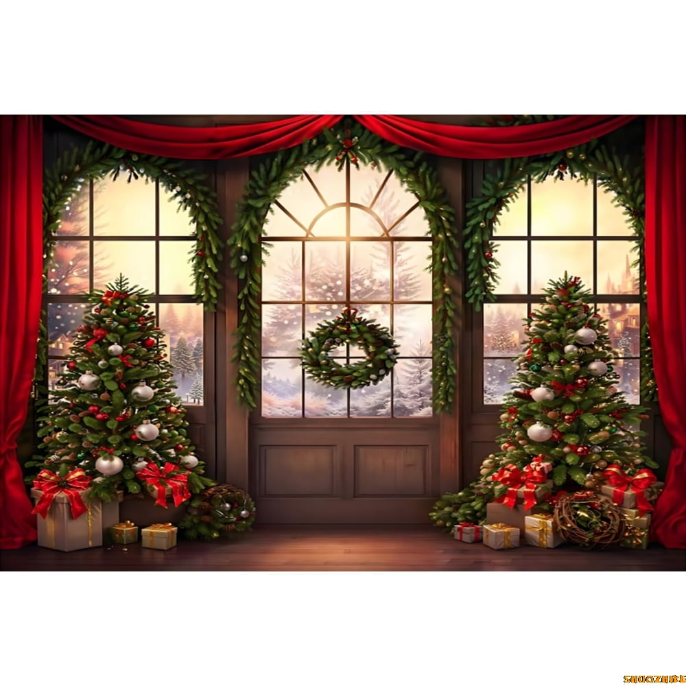 Christmas Backdrop Winter White Wood Window Snow Forest Sce Xmas Tree ...