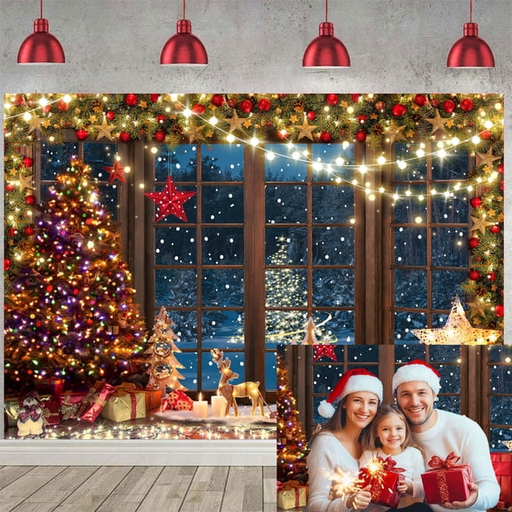 Christmas Backdrop, Winter Xmas Rustic Wooden Window Christmas Tree Backdrop for Photography Background, Happy New Year Kids Family Holiday Party Decorations Banner Photo Booth Studio Props,7X5ft