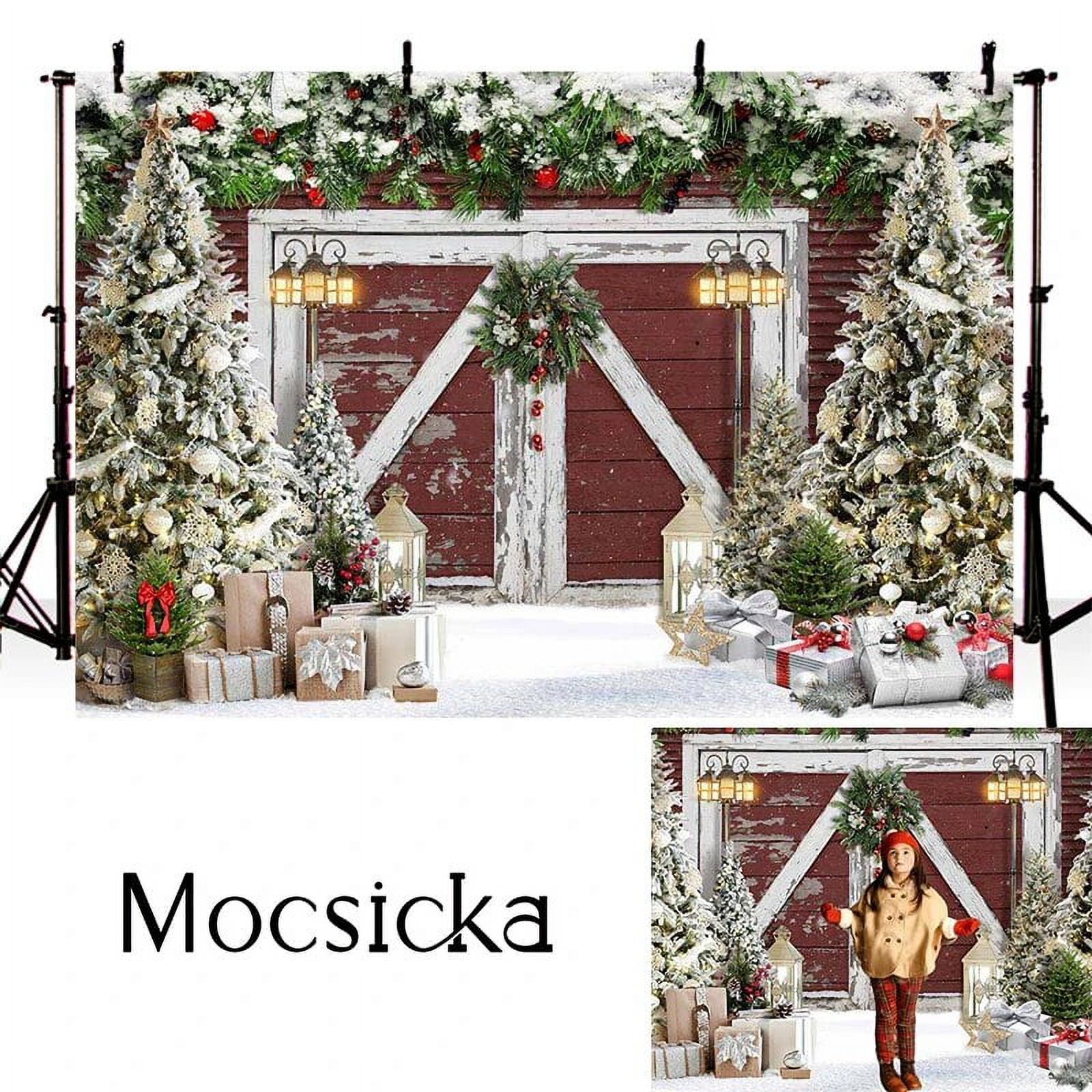 Christmas Backdrop Wooden Door Winter Snow Gift Forest Tree Family ...