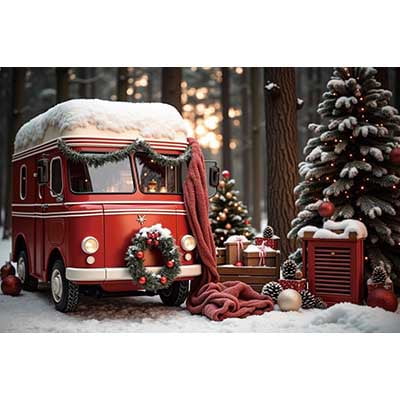 Christmas Background Photography Red RV Camper Truck Snow Globe Pine Tree Photocall Backdrop Childr Studio Accessories