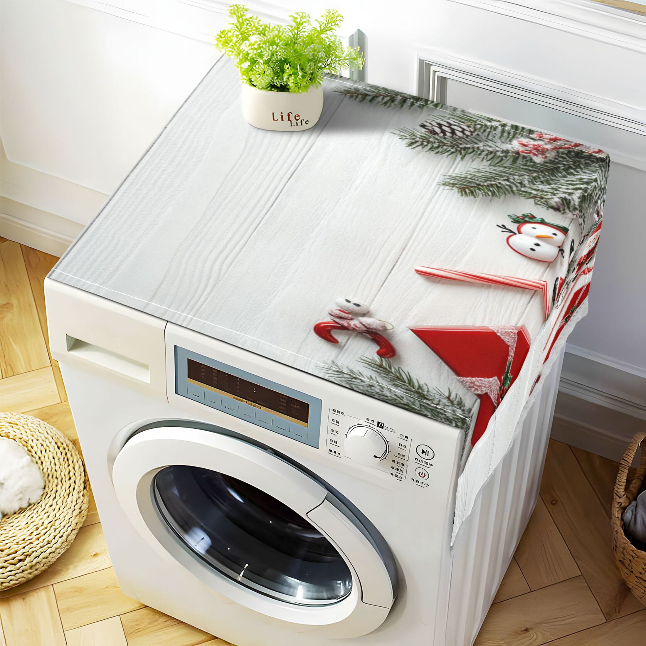 Christmas Background Washer and Dryer Covers Dust-Proof and Oil Resistant Fridge Cover with 4 Storage Pockets Washing Machine Top Cover for Laundry Kitchen Home 51.2 x 22 In