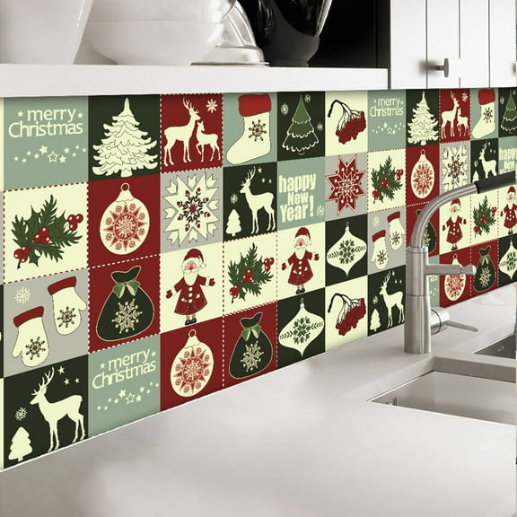 Christmas Backsplash Tile Stickers,24 Pcs Christmas Elements Wall Tiles,Material Flexible Self Adhesive Tile Sticker for Backsplashes in Kitchens,Bathrooms (3.94x3.94 Inch)