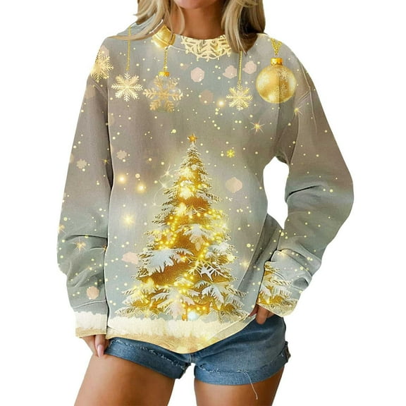 Christmas Baggy Sweatshirts for Women Xmas Printed Dropped Long Sleeve Fashion Graphic Holiday Pullover Tops (L, Gold 01)