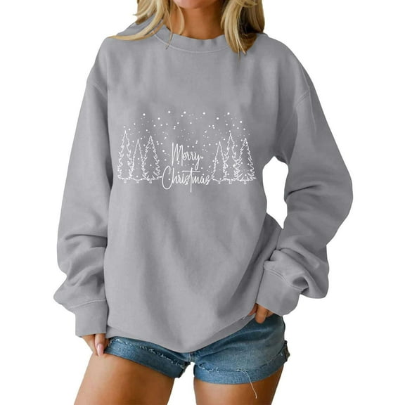 Christmas Baggy Sweatshirts for Women Xmas Printed Dropped Long Sleeve Fashion Graphic Holiday Pullover Tops (L, Gray 01)