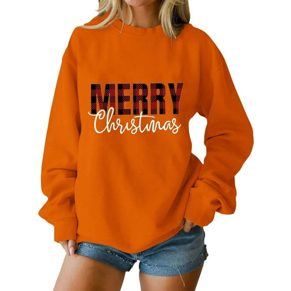 Christmas Baggy Sweatshirts for Women Xmas Printed Dropped Long Sleeve Fashion Graphic Holiday Pullover Tops (L, Orange #A)