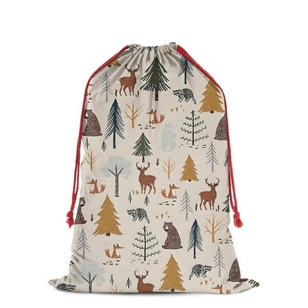 Christmas Bags Drawstring,Beige Christmas Forest Animal Pattern Large Xmas Christmas Gift Bags,Reusable for Xmas and New Year Party Favors and Supplies,27.6" X 19.7"