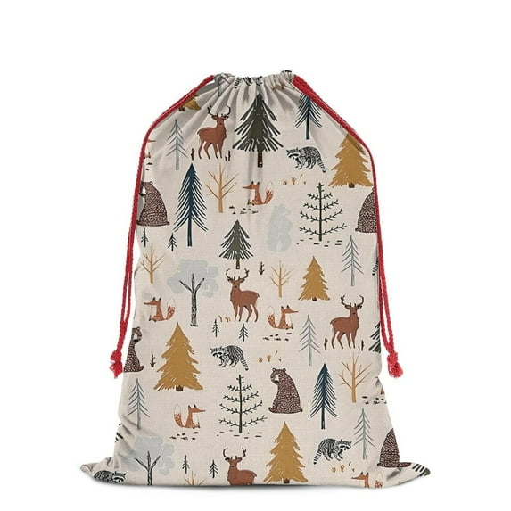 Christmas Bags Drawstring,Beige Christmas Forest Animal Pattern Large Xmas Christmas Gift Bags,Reusable for Xmas and New Year Party Favors and Supplies,27.6" X 19.7"