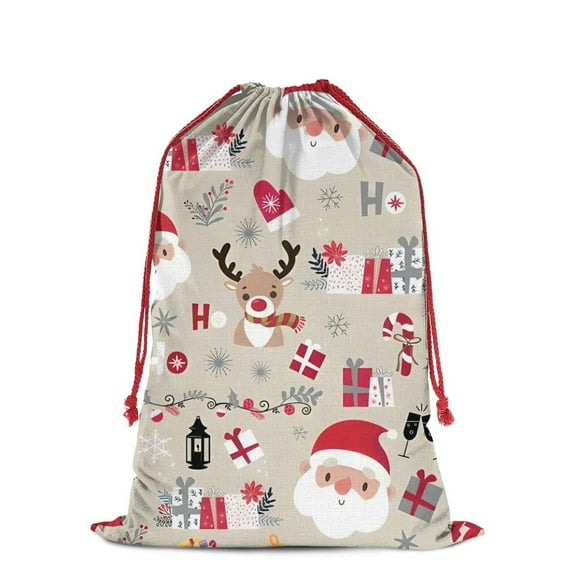 Christmas Bags Drawstring,Beige Christmas Santa and Reindeer Pattern Large Xmas Christmas Gift Bags,Reusable for Xmas and New Year Party Favors and Supplies,27.6" X 19.7"