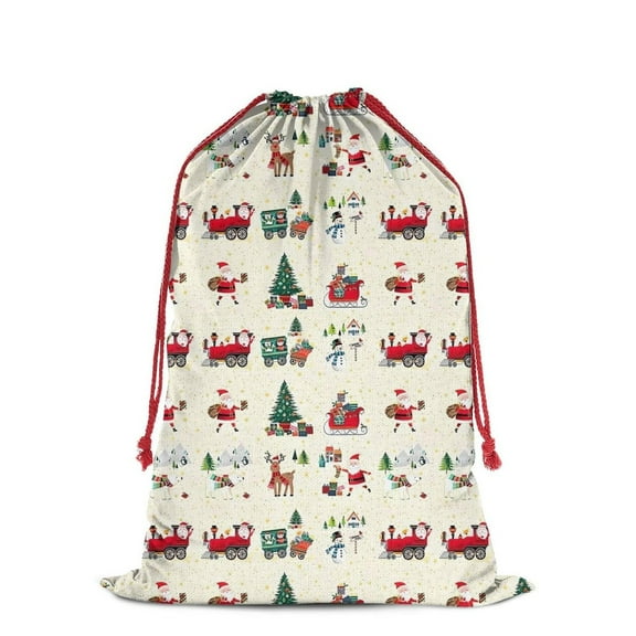 Christmas Bags Drawstring,Beige Christmas Santa and Train Pattern Large Xmas Christmas Gift Bags,Reusable for Xmas and New Year Party Favors and Supplies,27.6" X 19.7"