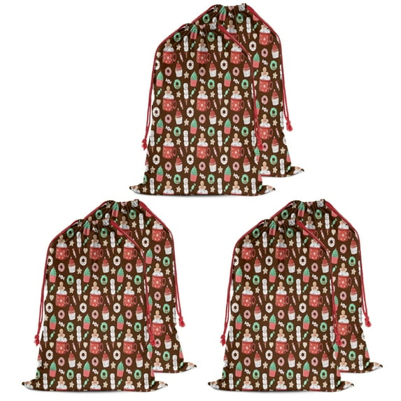 Christmas Bags Drawstring,Brown Christmas Dessert Pattern Large Xmas Christmas Gift Bags,Reusable for Xmas and New Year Party Favors and Supplies,27.6" X 19.7"