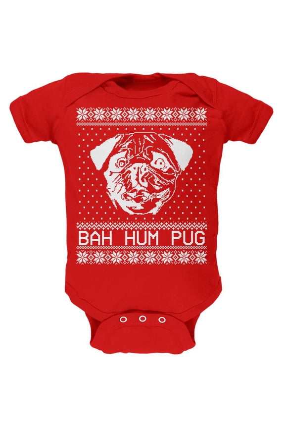 Christmas Bah Hum Pug Red Soft Baby One Piece - 6 month
