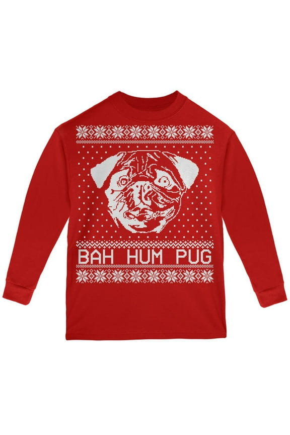Christmas Bah Hum Pug Red Youth Long Sleeve T-Shirt