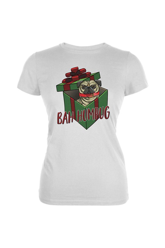 Christmas Bah Humpug Grumpy Scrooge Pug Gift Juniors Soft T Shirt White 2XL