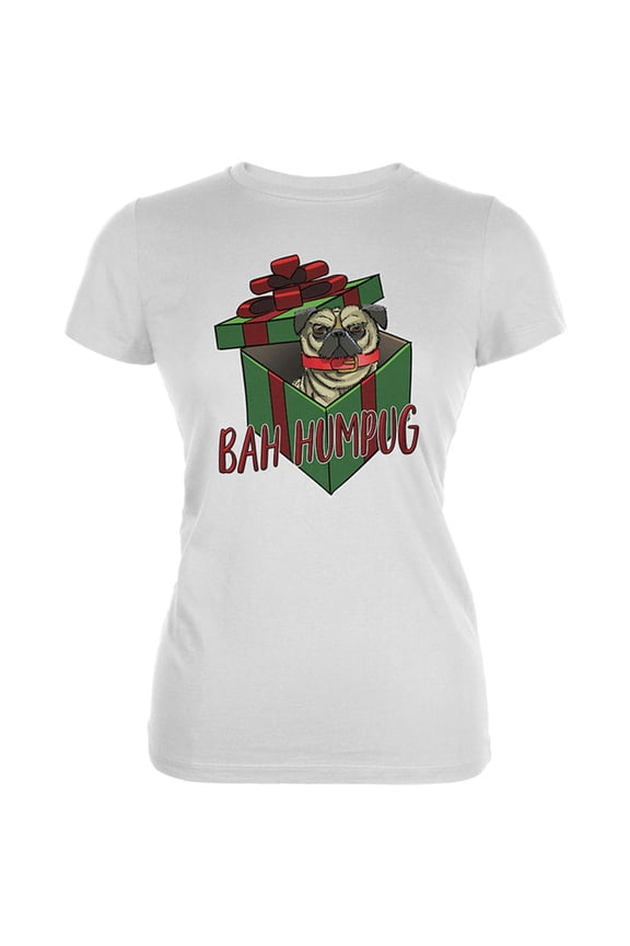 Christmas Bah Humpug Grumpy Scrooge Pug Gift Juniors Soft T Shirt White LG