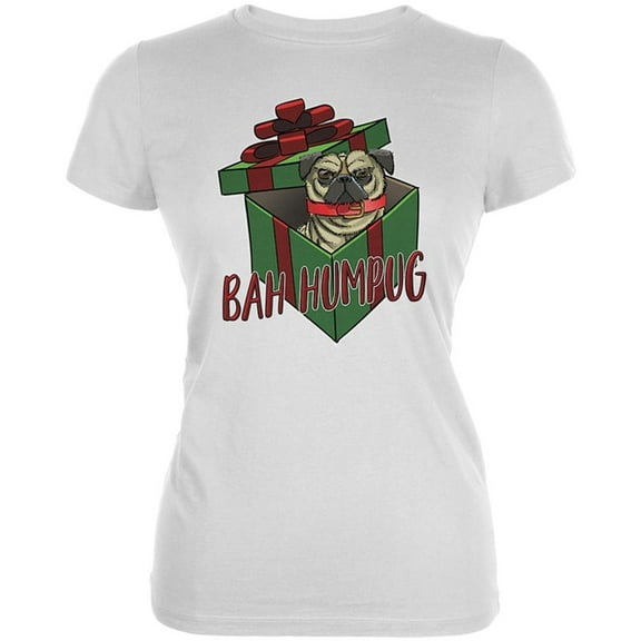 Christmas Bah Humpug Grumpy Scrooge Pug Gift Juniors Soft T Shirt White SM