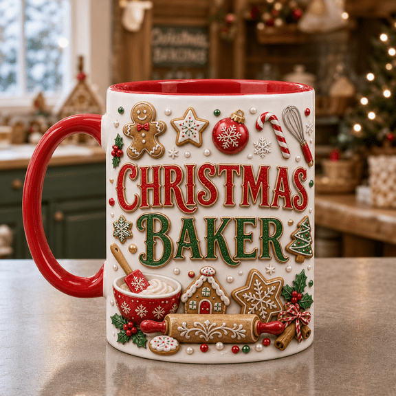Christmas Baker Mug 3D Effect Gingerbread Cookie Rolling Pin Coffee Cup Gift