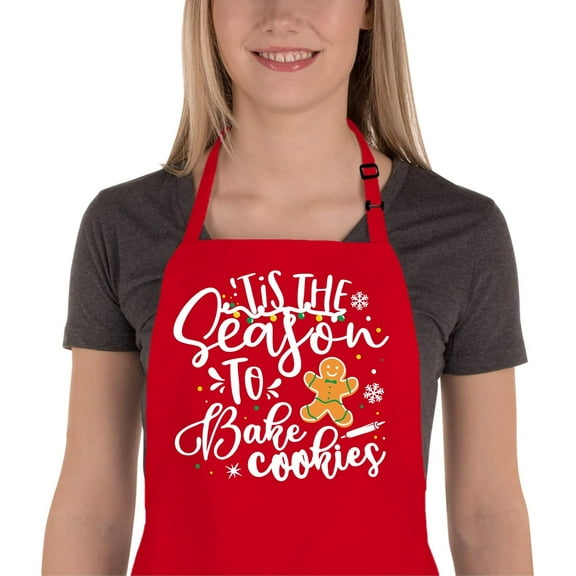 Christmas Baking Apron for Women Men, Holiday Baking Gifts for Bakers, Red Xmas Kitchen Cooking Aprons with 2 Pockets, Cute Christmas Aprons Gift for Mom Wife Sister - Tis The Season to Bake Cookies